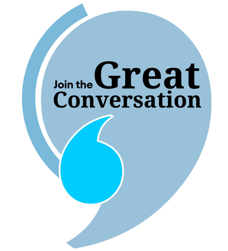 Logo with text 'join the great conversation', logo shaped like a quotation mark
