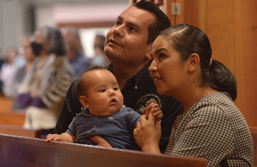 State Advocate Jos&eacute; Serna of Mexico West, his wife, Elizabeth, and their son, Jos&eacute; Miguel, visit Santa Rosa de Lima, their parish church in Zapopan.