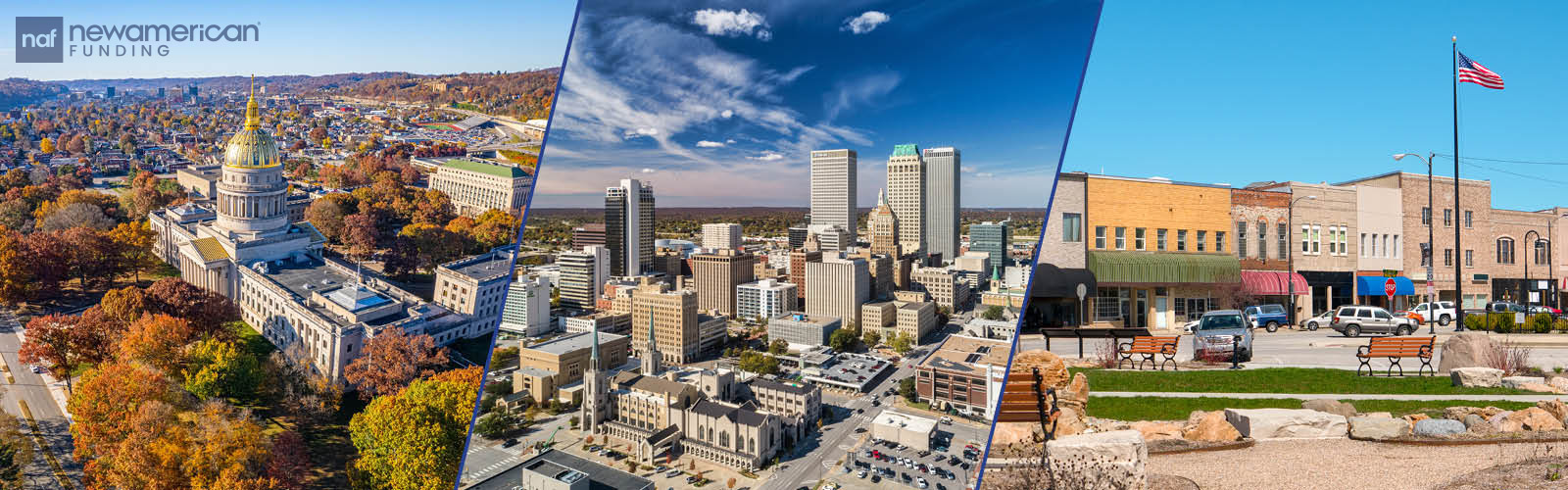 A collage of various American cities and towns 