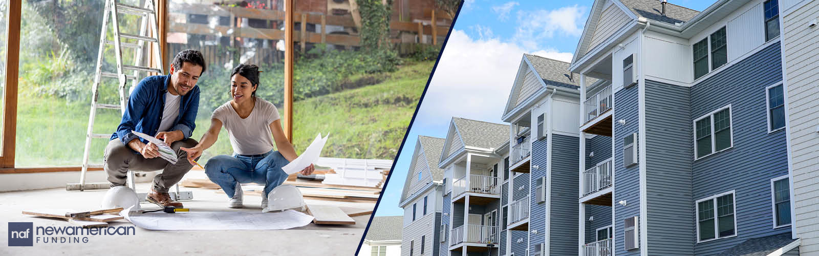 A split photo with two people planning construction on their new home on one side and an apartment complex on the other