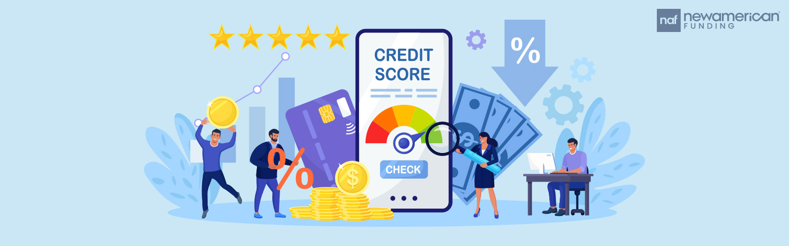 A graphic showing a high credit score and various forms of money like cash and a credit card
