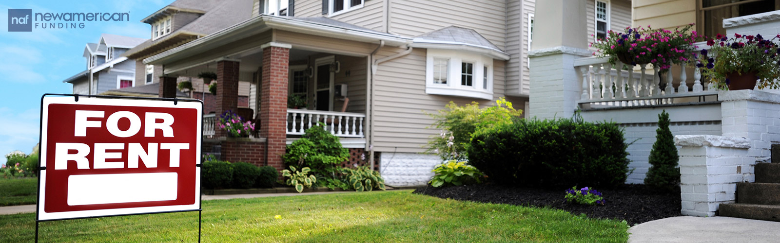A nice cream painted vinyl home with a rental sign out front 