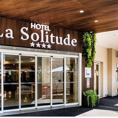 Front entrance of Hotel Solitude in Lourdes, France.