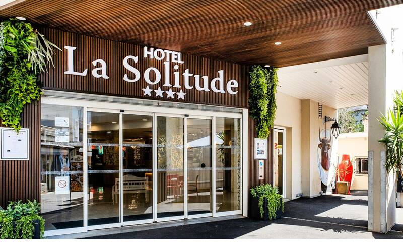 Front entrance of Hotel Solitude in Lourdes, France.