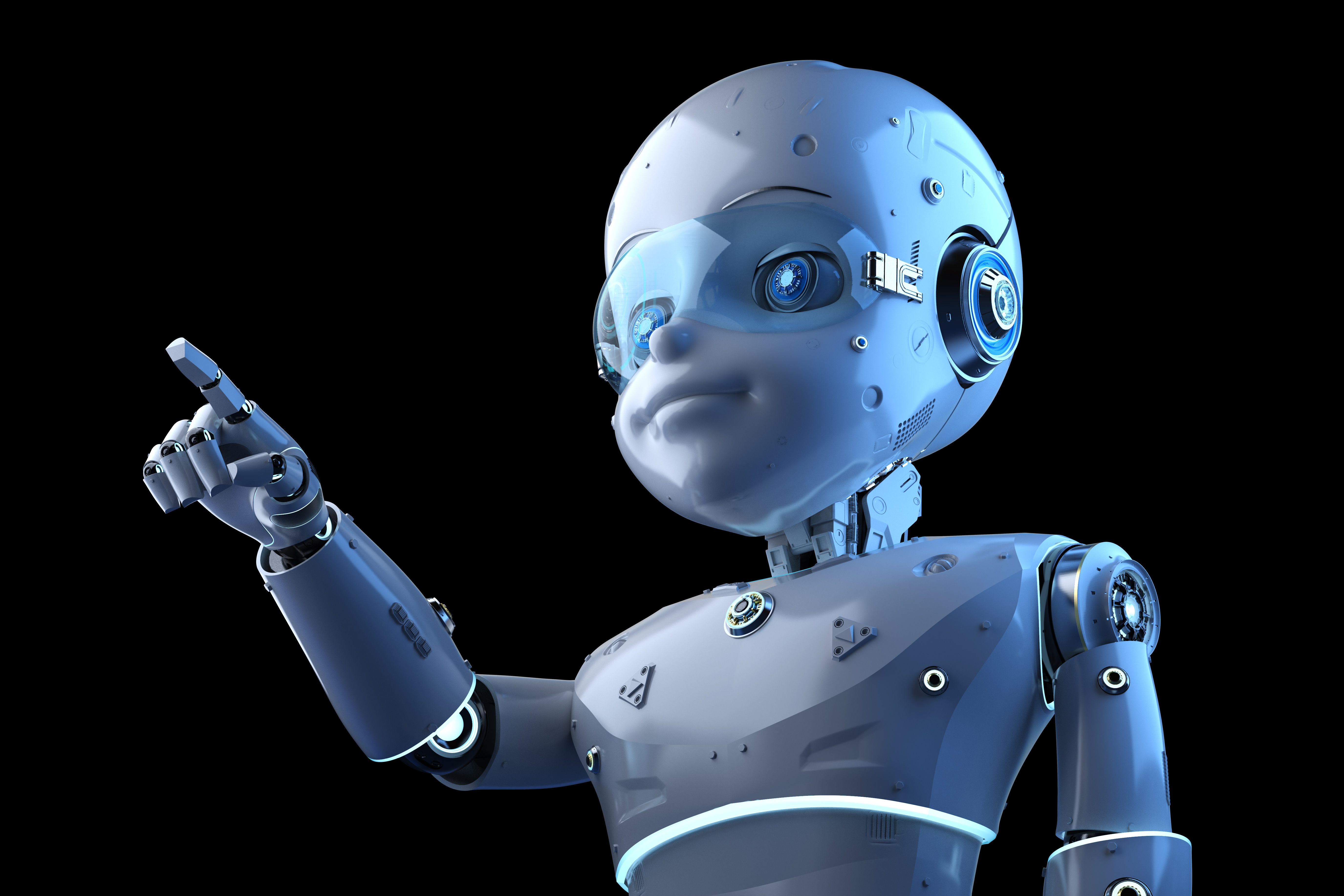 Childlike looking robot pointing in the air