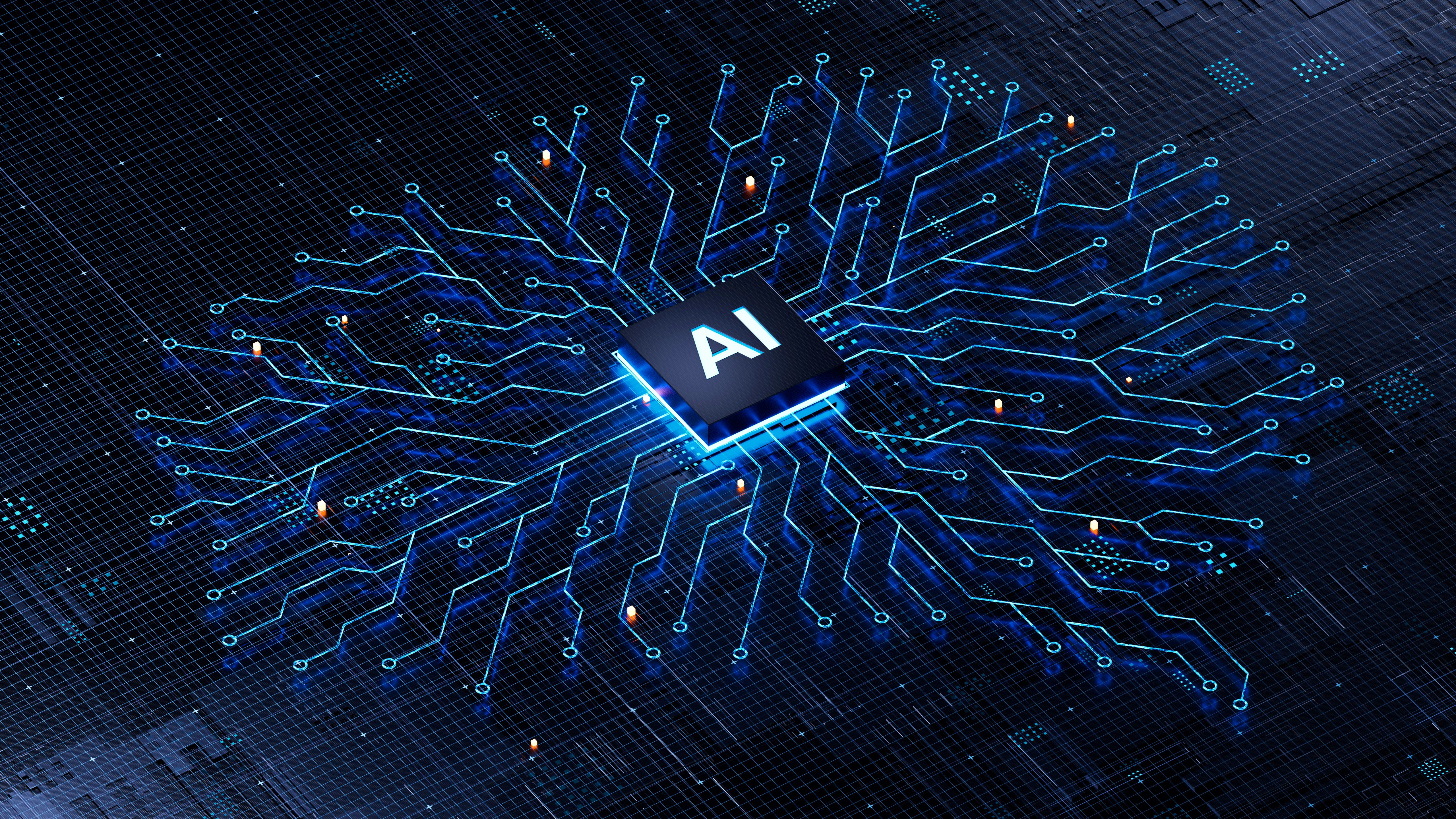Computer chip with text 'AI' in the centre and wiring shaped like a brain