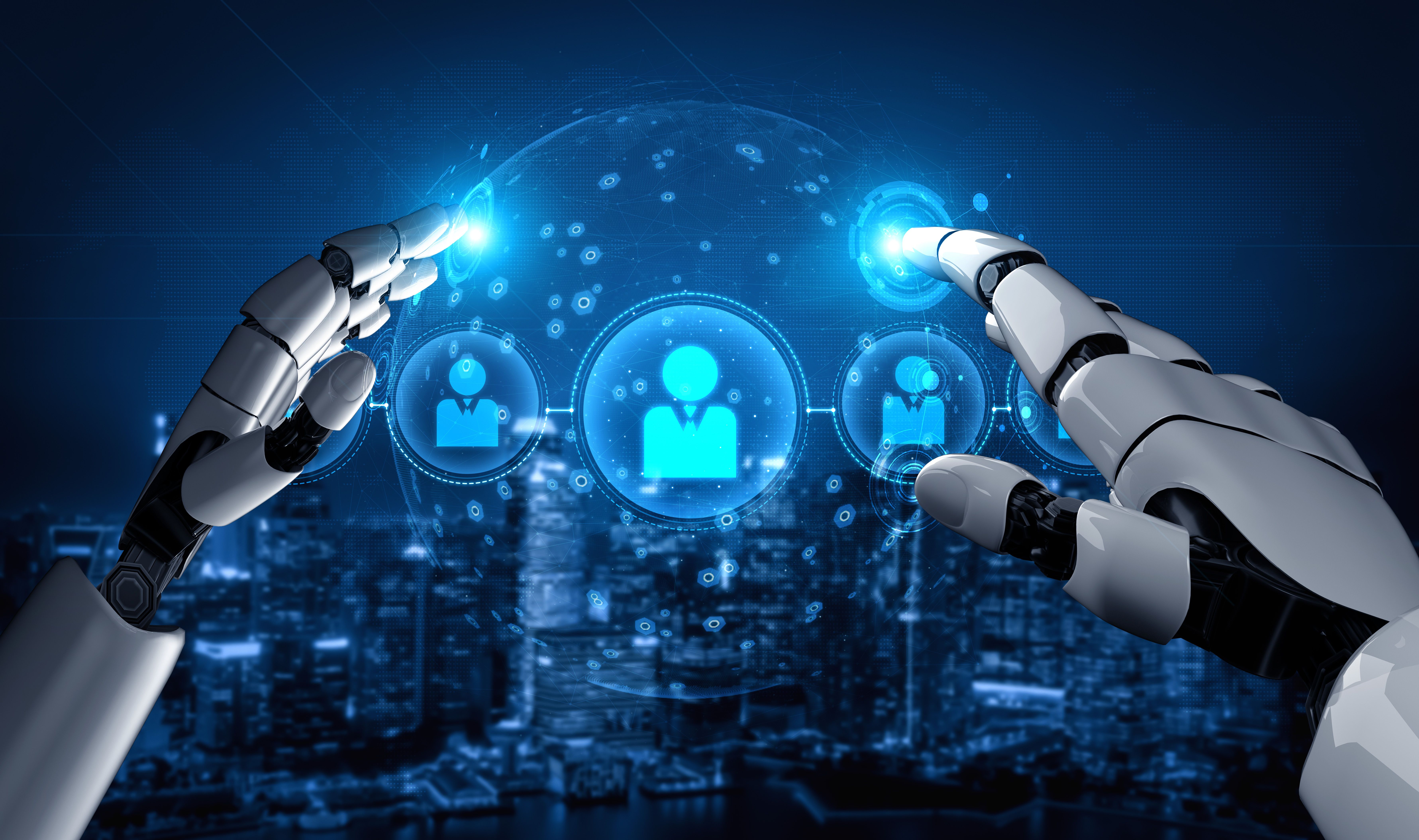 Robot hands showing a projection of user icons over a digital city