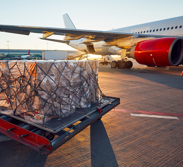 Air cargo shipment being loaded onto a plane, representing global supply chain and logistics