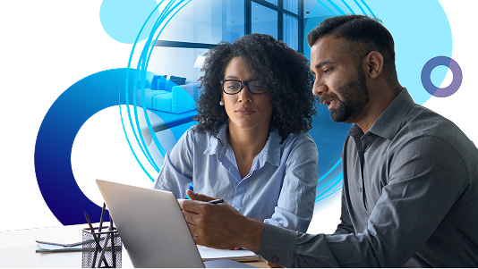 Two business professionals, a woman with curly hair and glasses and a bearded man, are sitting together in front of a laptop. The man is pointing toward the screen, appearing to explain or discuss content with the woman, who is listening carefully. The background features a brightly lit modern office interior with furniture visible through a circular, abstract blue and white digital overlay, suggesting a business health check or consultation.
