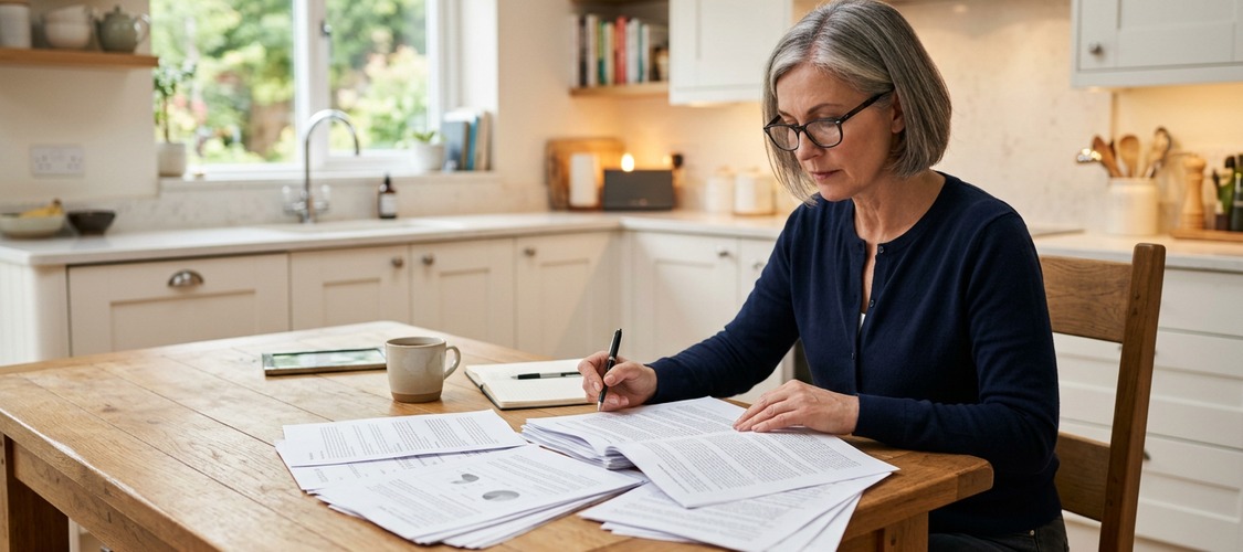 A woman doing paperwork spread out over a kitchen table.