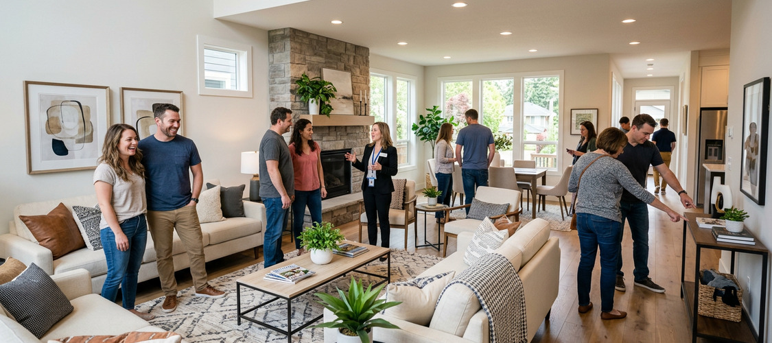 People milling about an open house.