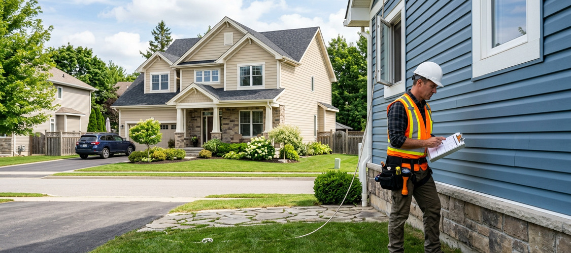 A home inspector looking at the exterior of a blue house and writing something on a clipboard.