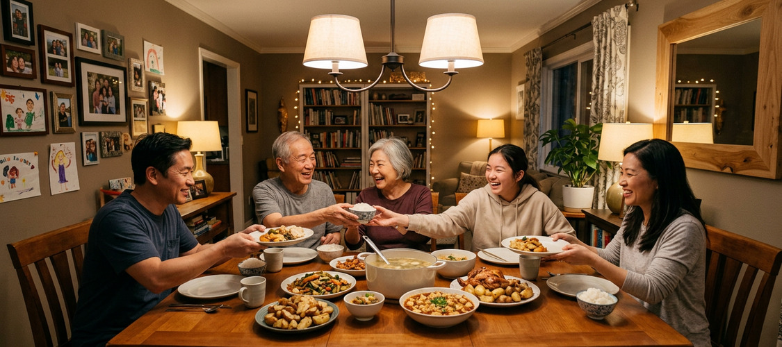 A multi-generational Asian family sitting around a dinner table.