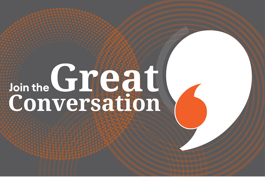 Branding with text Join the Great Conversation with quotation mark logo