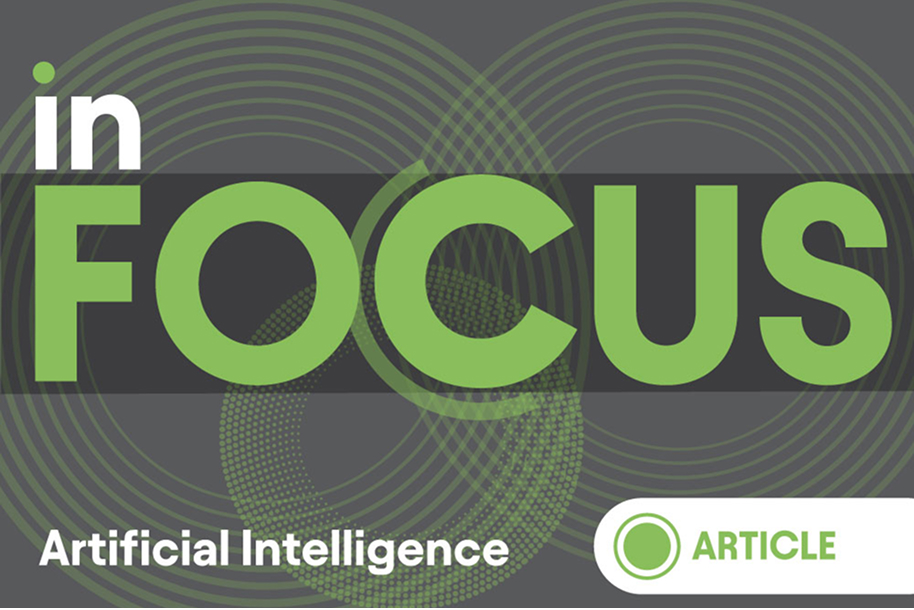 Text 'In Focus - Artificial Intelligence - Article' with decorative circles in background
