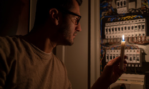 Moški na sliki s svečo pregleduje električno omarico. Simbolna slika za izpad elektrike ali električni mrk