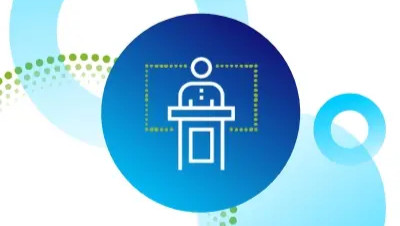 Icon of a person at podium icon on blue background, symbolizing leadership, public speaking, and presentation skills. Set against decorative circular background