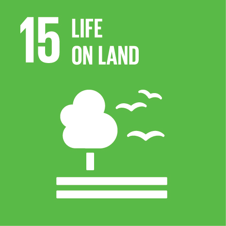 Icon of green landscape with trees and birds, text 'life on land'