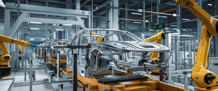 A modern automobile manufacturing line with robotic arms welding a car body frame.