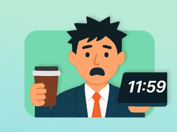 cartoon image of a man with moustache holding coffee cup in one hand and a digital clock in the other
