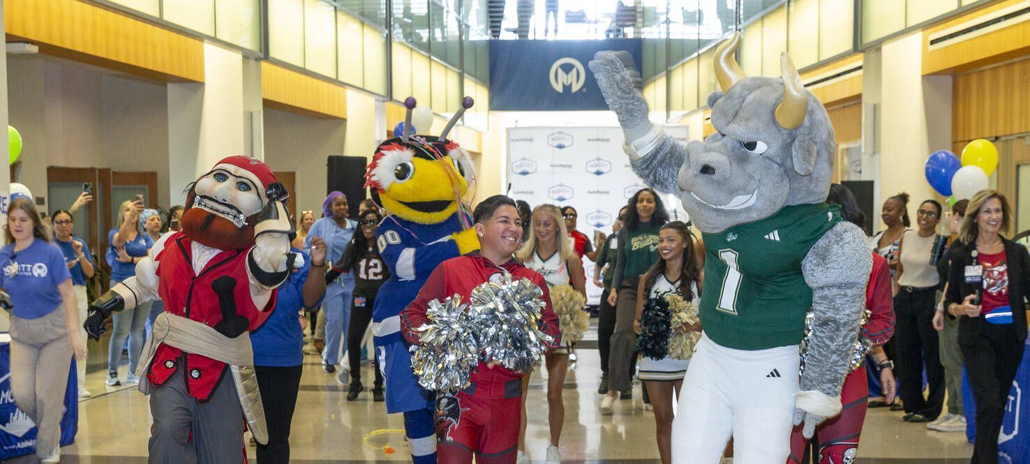 2024 Mascots at Moffitt Day with Captain Fear, ThunderBug and Rocky.