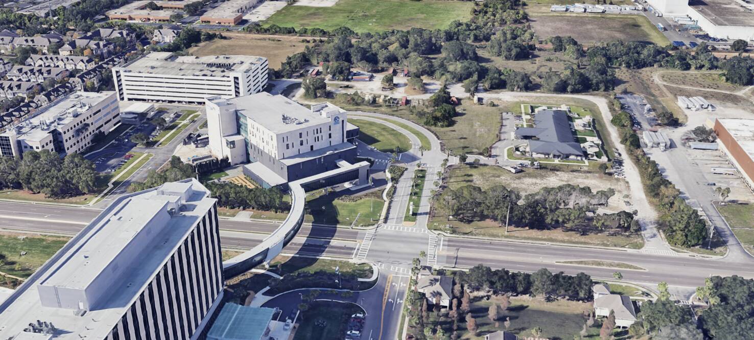 Aerial showing Moffitt's McKinley campus, including Moffitt McKinley Hospital and the McKinley Outpatient Center.