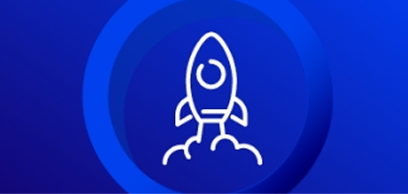 Line-art icon of a rocket launching with smoke plumes, representing career progression or starting a journey, set against a dark blue background.