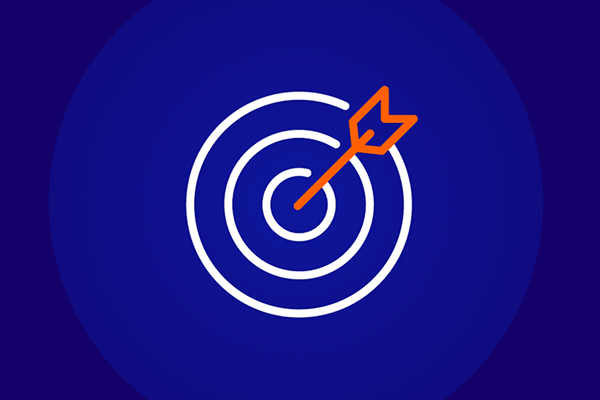 Line-art icon of a target or dartboard with an orange arrow hitting the bullseye, representing achieving results or meeting a goal, set against a dark blue background.