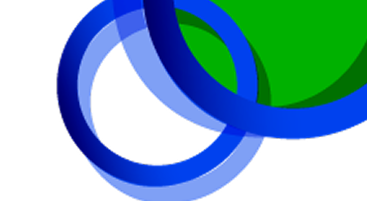 An abstract graphic featuring a bright green circle overlaid by blue concentric rings on a black and dark blue background.