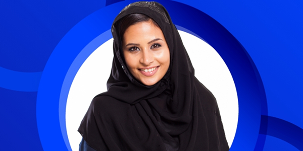 A smiling woman wearing a black hijab is framed by a white circle surrounded by a blue circular graphic background.