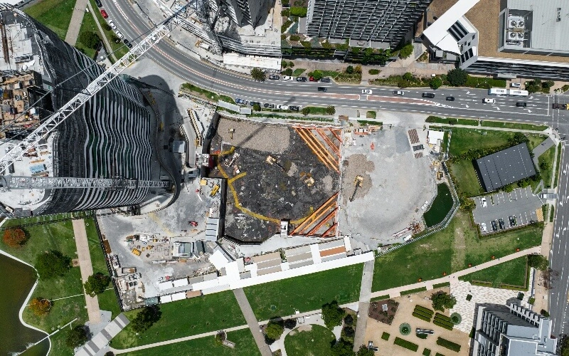 Aerial view of basement excavation