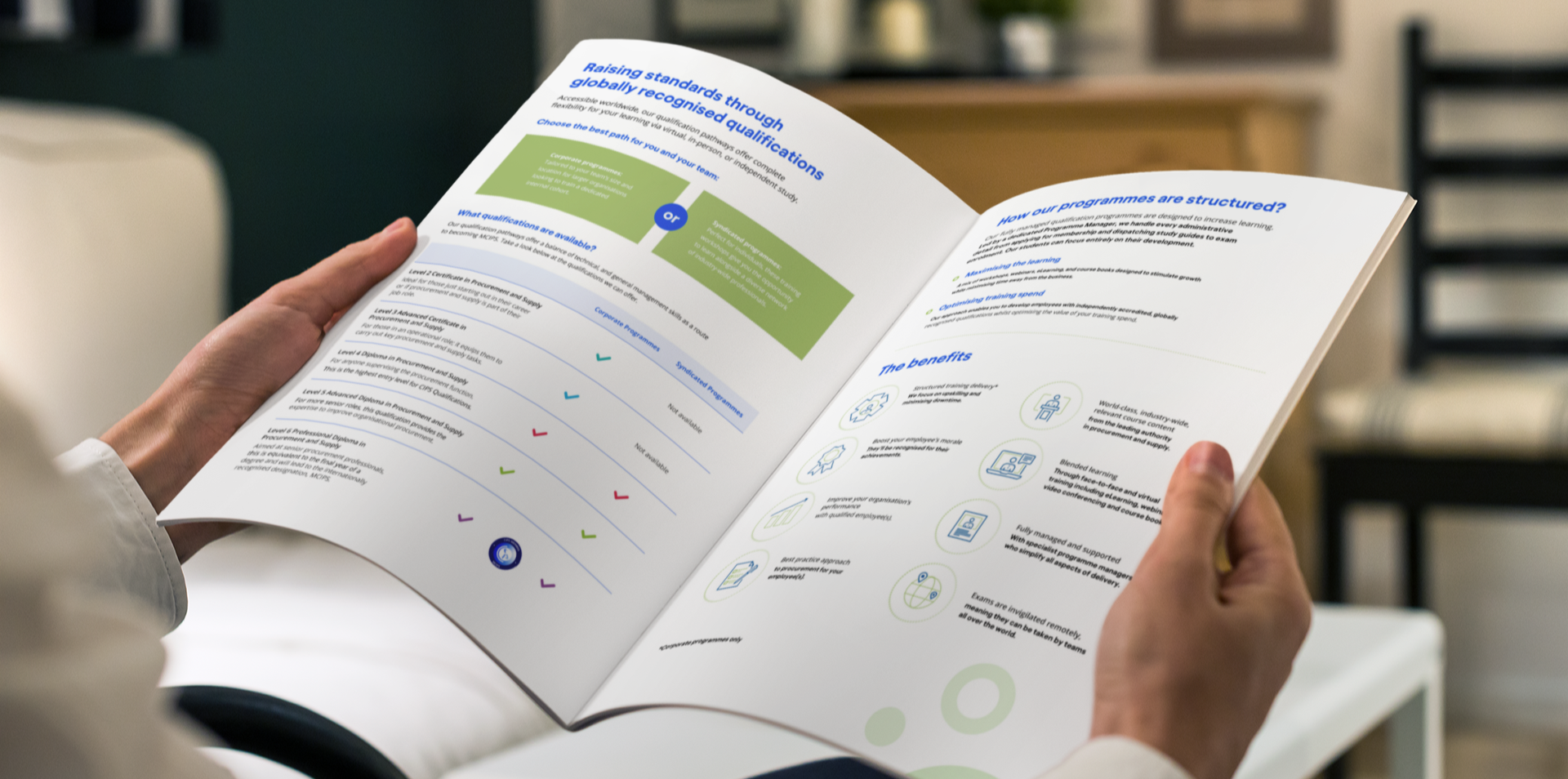 Close up of a person holding an open brochure. Pages shown match CIPS product sheet, info is too small to read clearly