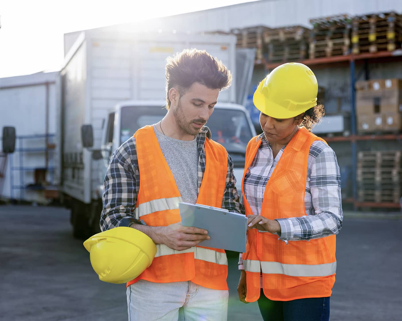 more-unification.jpg Warehouse workers looking at an iPad