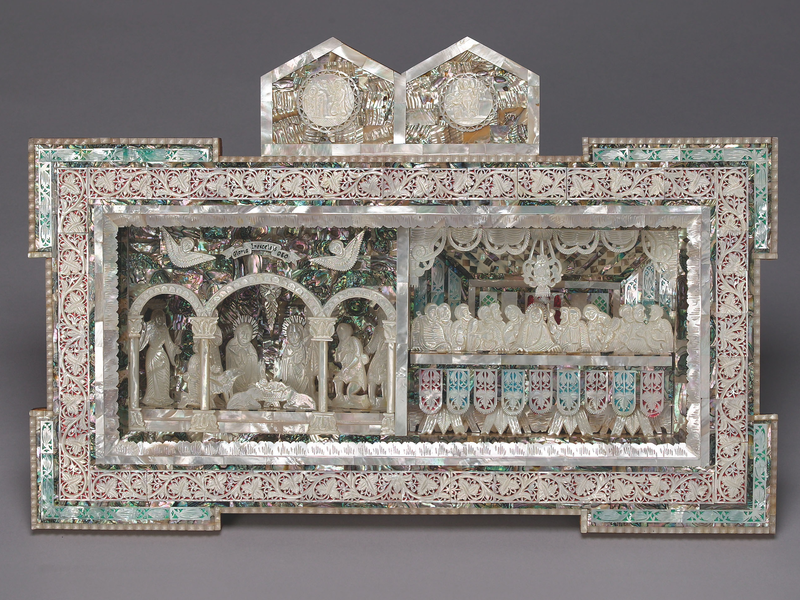 Mother-of-pearl annual nativity with scenes of the Nativity, Last Supper, Annunciation and Christ resurrected from the tomb.