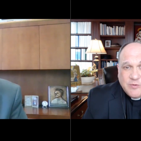 Peter Sonski, head of outreach at the Center, hosts a video webinar with a Catholic priest.