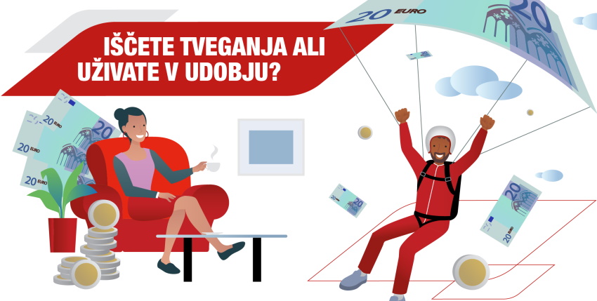 Grafika z žensko, ki uživa v udobju svoje dnevne sobe, in moškim, ki skače s padalom, narejenim iz bankovcev. Napis: Iščete tveganja ali uživate v udobju?