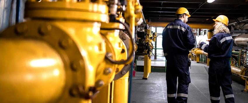Two workers in hard hats and safety gear stand next to large, yellow industrial pipes and valves in an oil or gas facility.