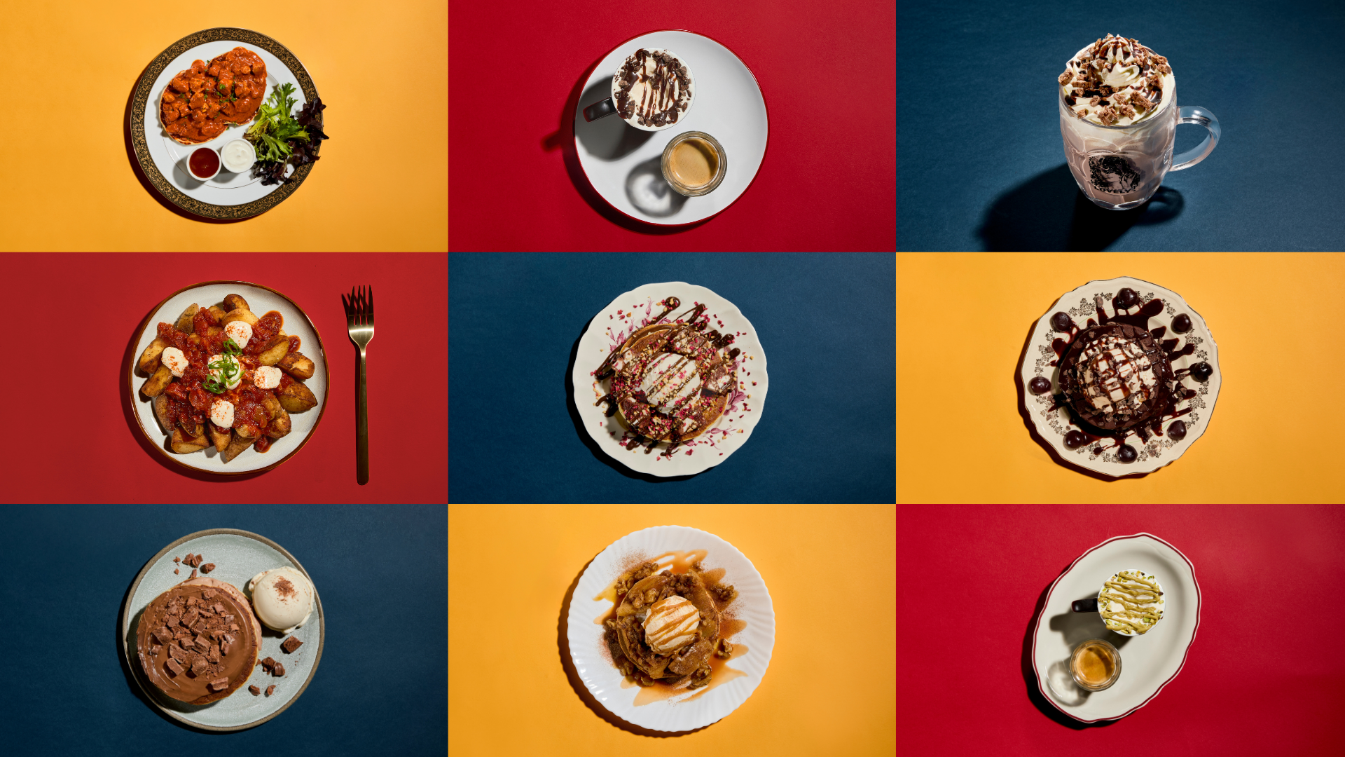 A 3x3 grid of Winter Parlour Menu dishes, including Tim Tam Pancakes, Rocky Road Pancakes, Black Forest Pancakes, Apple and Walnut Pancakes, Patatas Bravas, Butter Chicken Mini Pancakes, plus Fudge and Pistachio Affogatos.