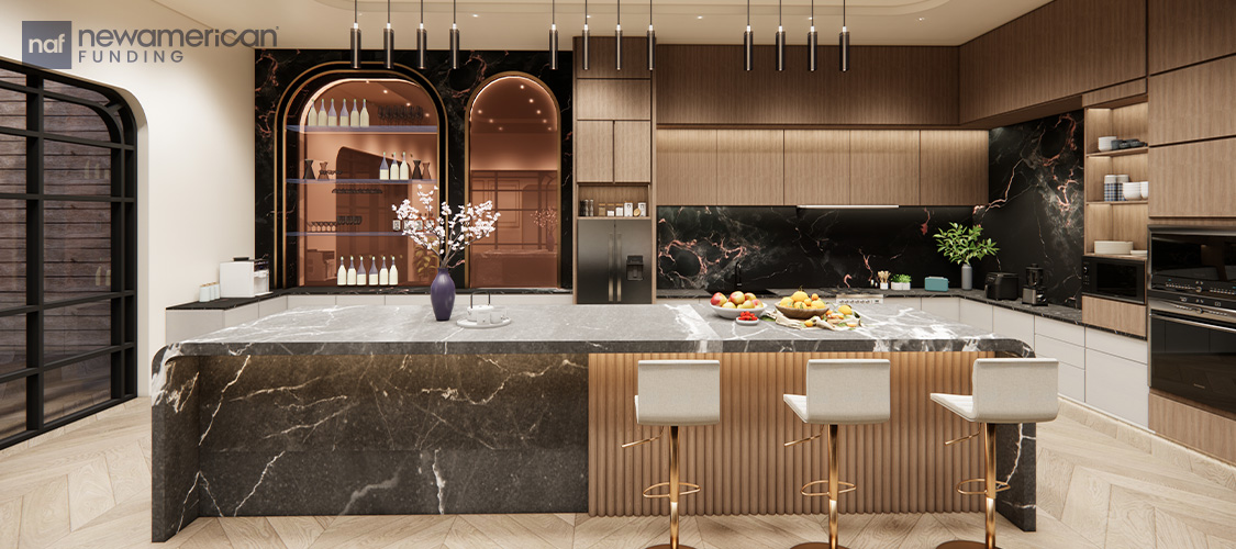 A huge, garrish kitchen.