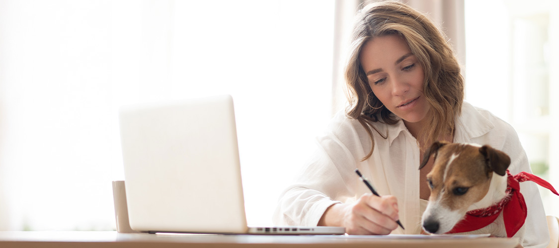 A woman sitting at a computer with a dog in her lap