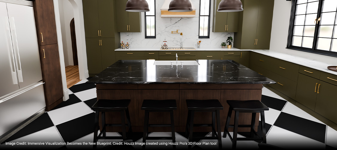 A kitchen with checkerboard floors