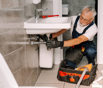 Vodoinštalater popravlja sifon kopalniškega lijaka, po tem ko je zavarovanec poklical za pomoč obrtnika.