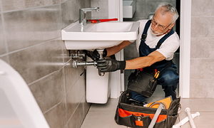 Vodoinštalater popravlja sifon kopalniškega lijaka, po tem ko je zavarovanec poklical za pomoč obrtnika.