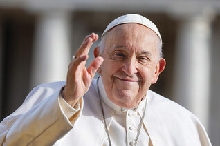 Pope Francis waves as he rides in the popemobile around St. Peter’s Square at the Vatican before his weekly general audience April 10, 2024. (CNS photo/Pablo Esparza)