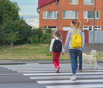 Mama z dvema osnovnošolskima otrokoma in psom na prehodu za pešce prečka cesto na poti v šolo.