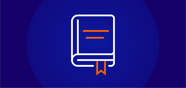 A white line-art icon on a dark blue background showing a closed book with an orange bookmark and orange lines on the cover, symbolizing qualifications or study materials.