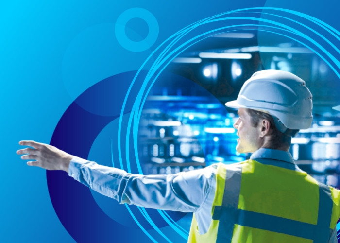 Man in hi-vis vest with hardhat pointing to the side. Decorative circles in background