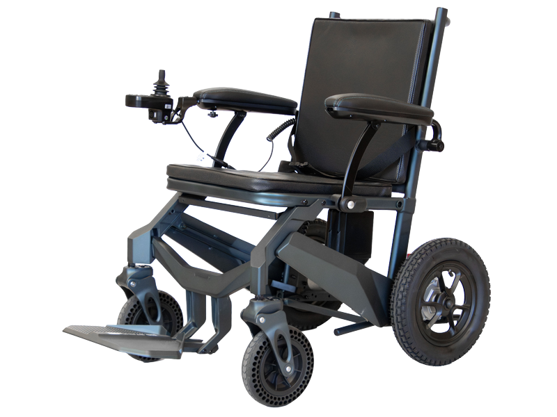 Roma Medical P600 power wheelchair with padded black seat, armrests, joystick control and large rear wheels, shown at an angle on a white background.