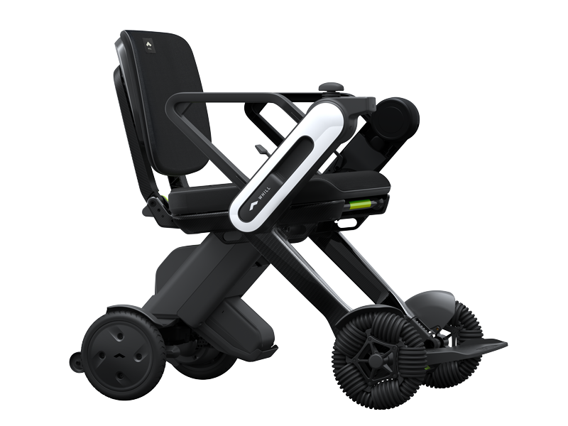 TGA WHILL C Lite powerchair with compact modern frame, black seating, distinctive omni front wheels and central control arm, shown in profile on a white background.