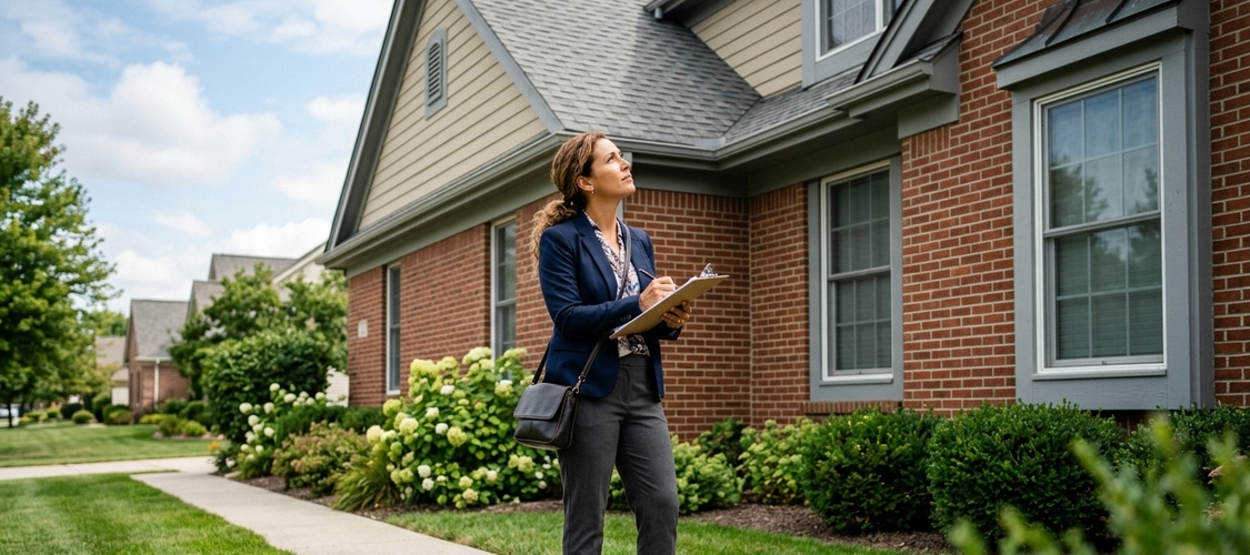 A female appraiser with a clipboard looking up at a house from an exterior walkway.